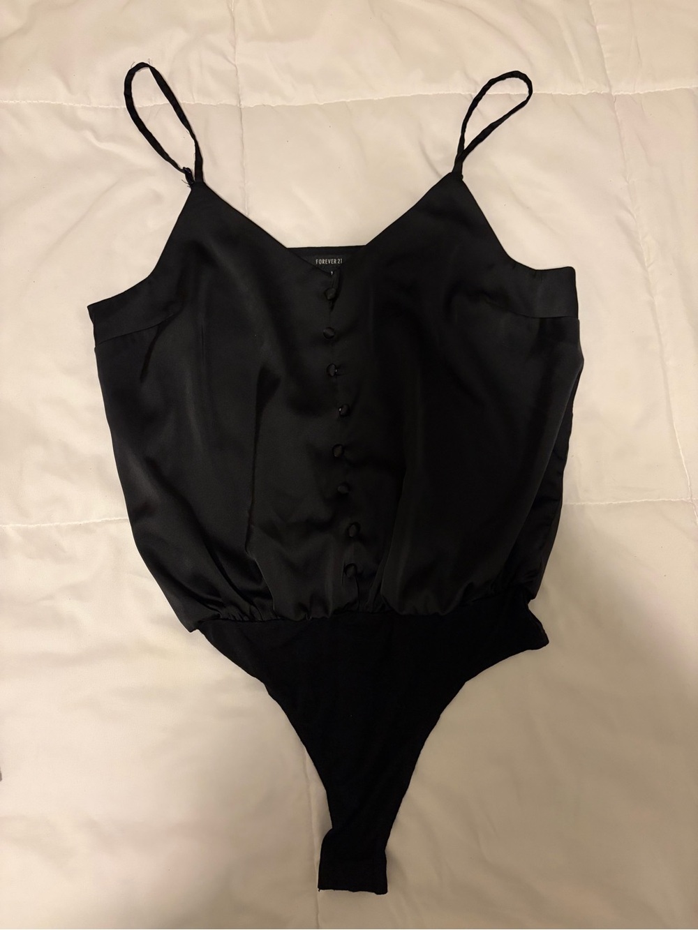 Forever 21 Black Satin Button-Front Spaghetti Strap Bodysuit